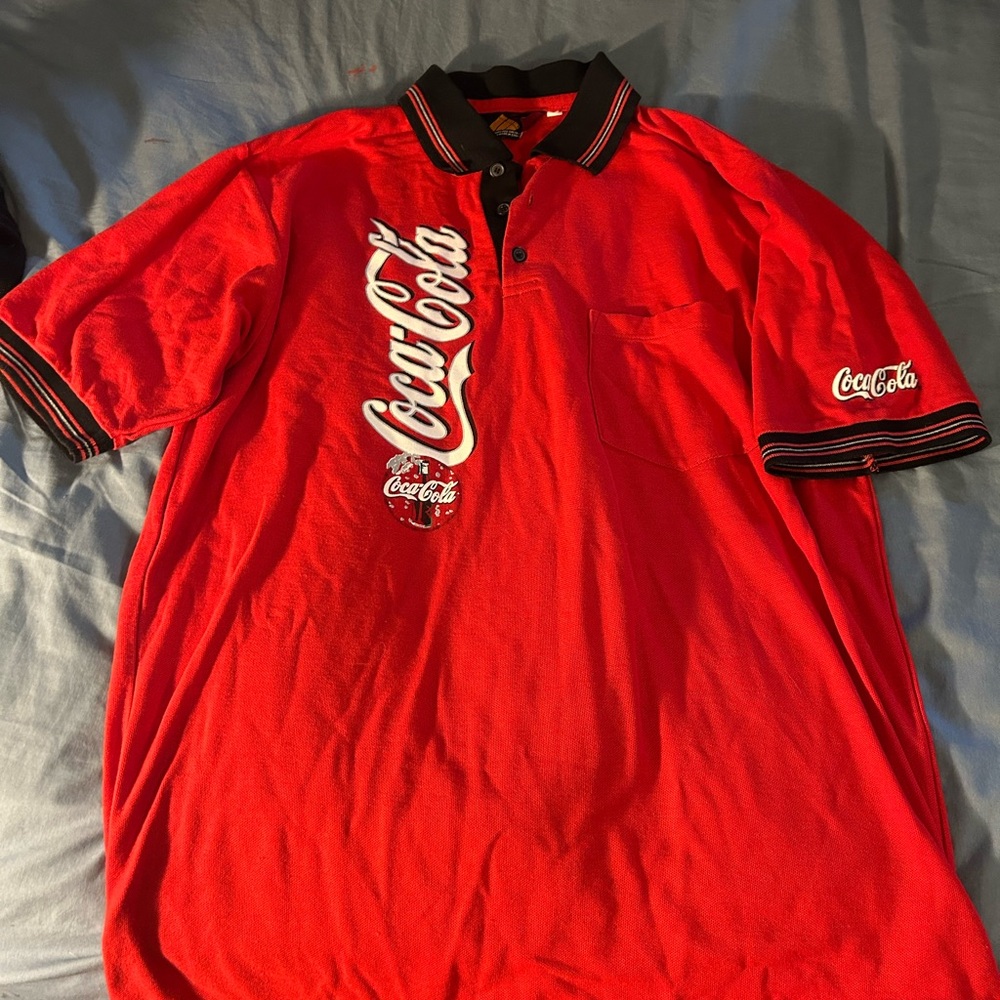 Vintage Coca Cola Men's Vibrant Red Polo with Black Accents
